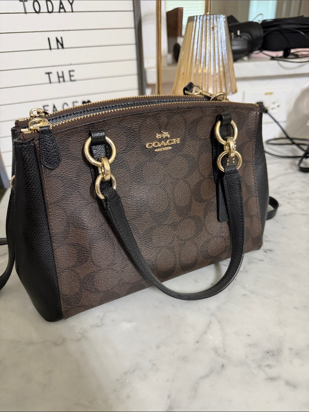 Coach Brown and Black Signature Canvas Satchel with Gold Hardware